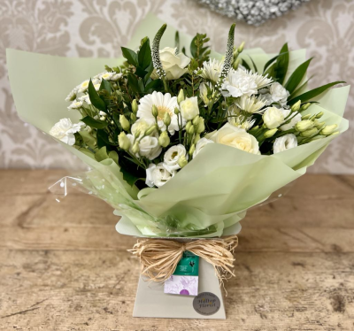 White simplicity Hand Tied Boxed Bouquet - A white and green Hand Tied, ideal for any occasion.